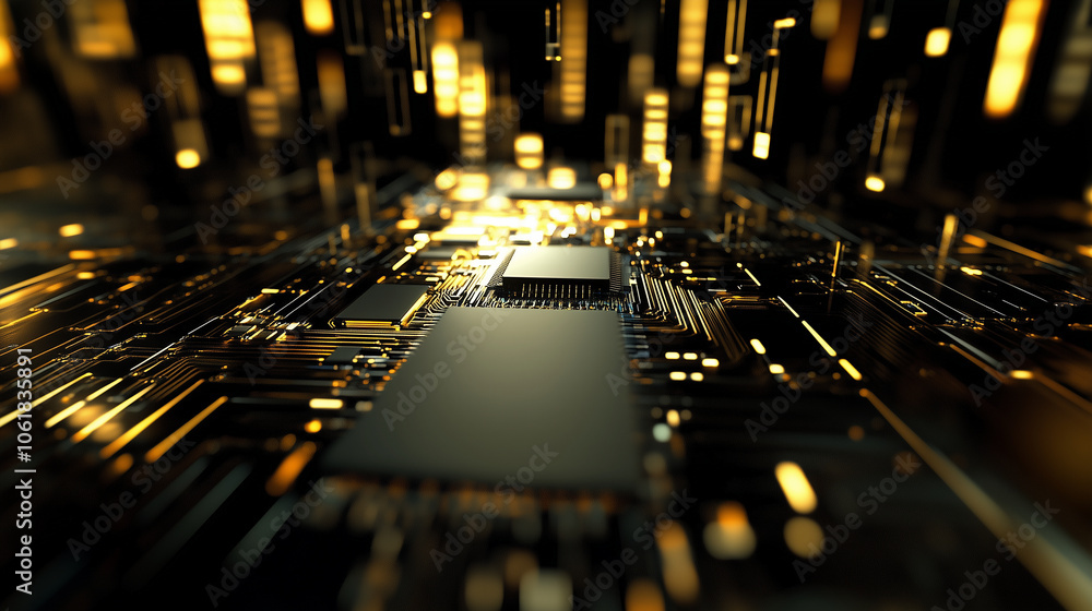 Aufkleber a sleek semiconductor chip placed on a densely packed circuit board, its metallic surface glinting i