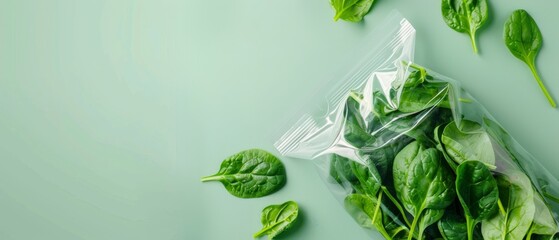 Obraz premium A minimalist composition of spinach leaves in a clear bag on a soft green backdrop highlights simplicity and freshness in food presentation.