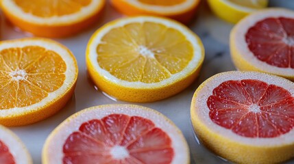 Close-up of freshly sliced citrus fruits featuring vibrant oranges, lemons, and grapefruits arranged on a marble surface