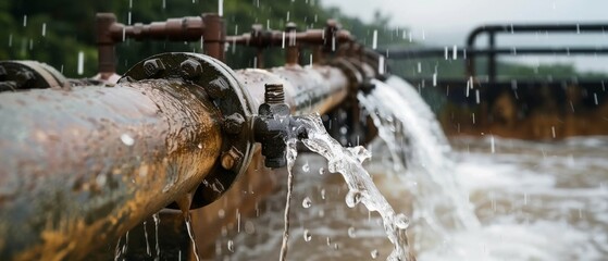 Fototapeta premium Rusty pipes leak water in a lush green setting, highlighting decay amidst a vibrant landscape under a cloudy sky.