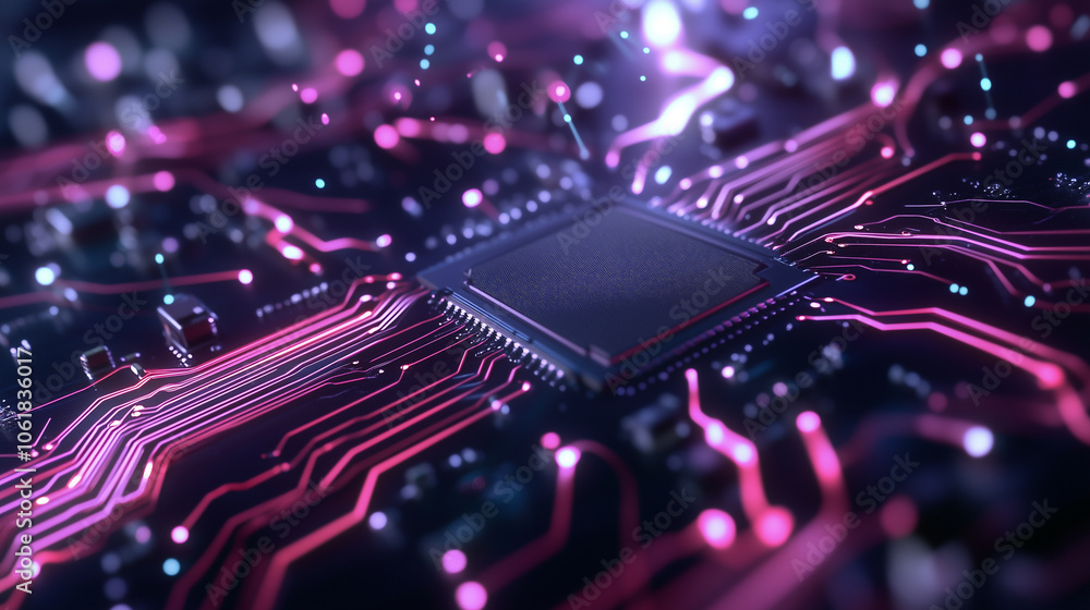 Poster close-up shot of a semiconductor chip embedded on a motherboard, with an array of colorful circuit p