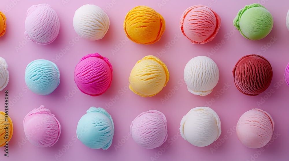 Poster row of colorful ice cream balls on a pink background. the ice cream balls are of different colors an