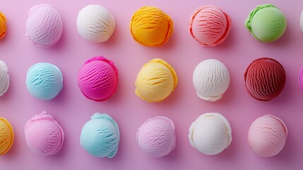 Fototapeta premium Row of colorful ice cream balls on a pink background. The ice cream balls are of different colors and sizes, creating a visually appealing and playful scene