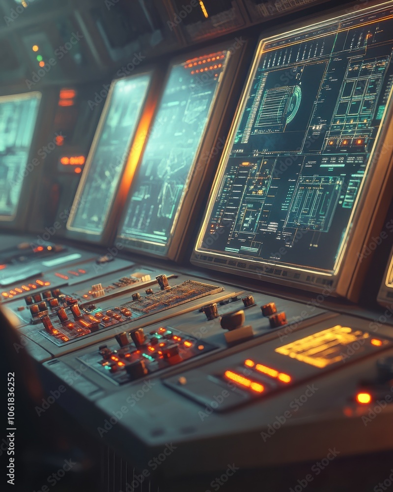 Poster close-up view of a nuclear reactor control room with detailed monitoring panels and control systems 