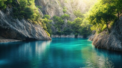 Obraz premium A tranquil mountain lake reflecting vibrant colors in the early morning light surrounded by lush greenery