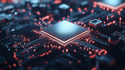 Obraz premium The surface of a semiconductor chip reflects faint blue light from the circuit board beneath, surrounded by tiny microcomponents, symbolizing the intricate beauty of technology and