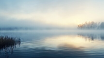 A serene lakeside view enveloped in fog, capturing the tranquil beauty of nature at dawn with soft reflections on the water.