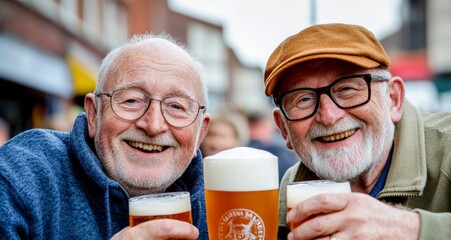 Two men are smiling and holding up their beer glasses. One of the men is wearing a hat