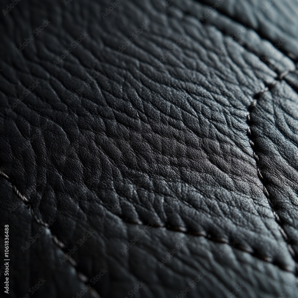 Poster a close-up view of textured dark leather showcasing detailed grain patterns and stitching for a rich