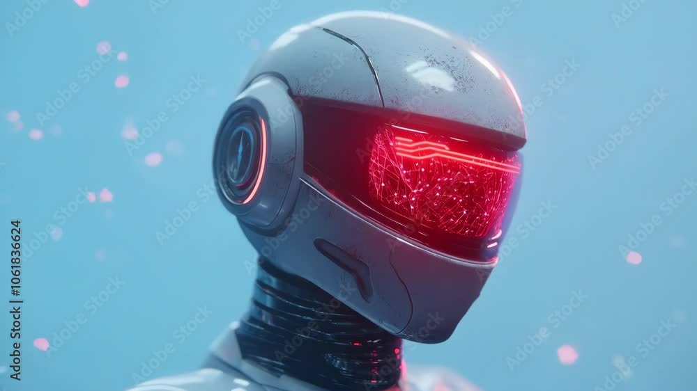 Poster futuristic robot head with glowing red display for artificial intelligence content. modern technolog