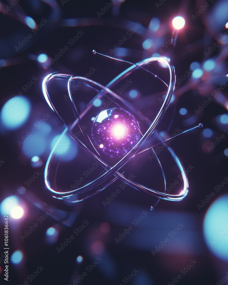 Poster a glowing representation of an atom showcasing its core structure and orbital motion in a dark, digi