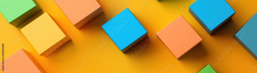 Aufkleber colorful geometric blocks scattered on a vibrant yellow background, creating a dynamic and playful v