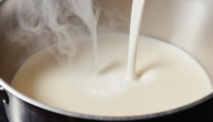 Close-up of milk heating in a saucepan with steam rising, showcasing creamy tones and metallic texture