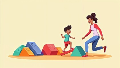 Whimsical cartoon therapist guiding a child through a fun obstacle course with large foam shapes
