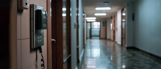 A hospital corridor is dimly lit, evoking a sense of quiet and anticipation, punctuated by a wall-mounted phone.