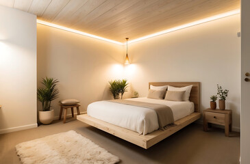A serene small space bedroom designed in modern Japandi style featuring natural materials and light colors