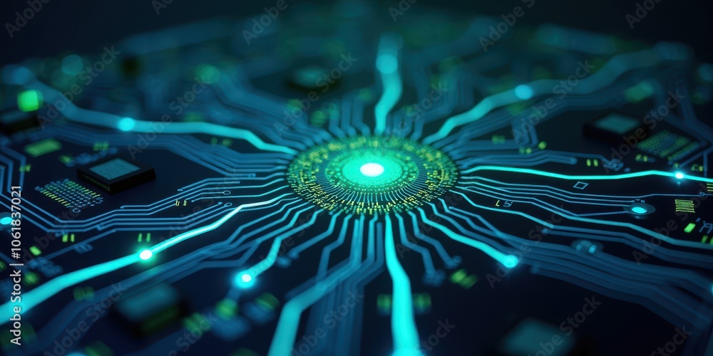 Poster futuristic circuit board with flowing lines and light