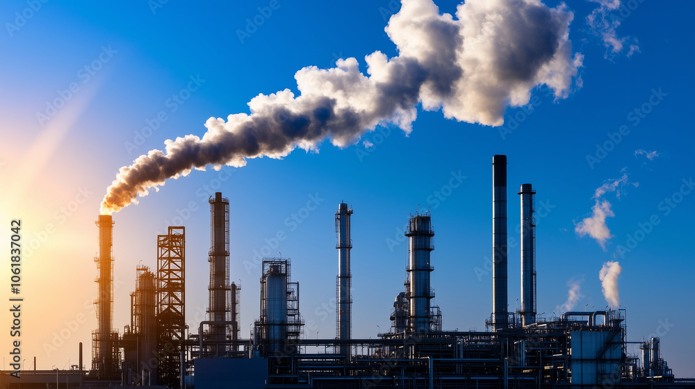 Poster a large refinery with carbon capture systems actively pulling co2 from the air, converting it into a