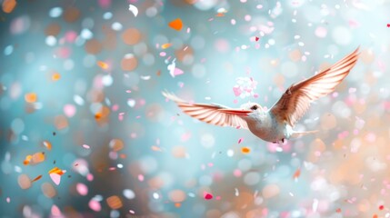 A graceful bird soars through colorful petals against a dreamy, soft-focus background, creating a serene and enchanting atmosphere.