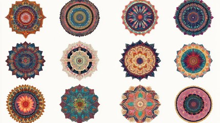 Colorful Tibetan mandala designs with intricate details, symbolizing harmony and cosmic order