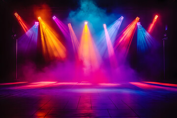 Vibrant stage illuminated by colorful lights with a foggy atmosphere in the background. Concepts of performance, entertainment, and theatrical ambiance.
