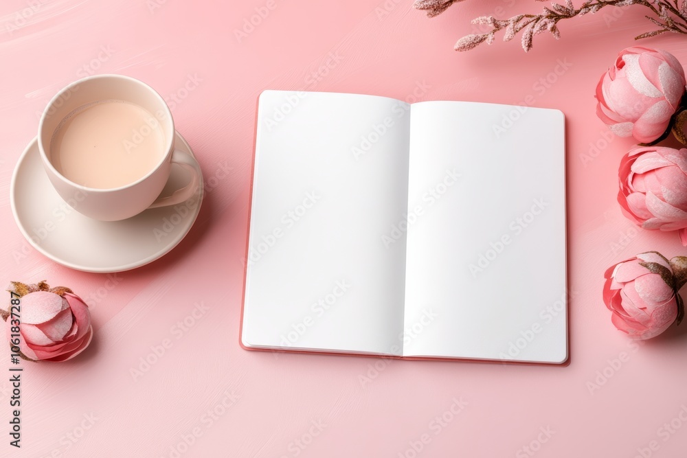 Poster cup of coffee sits on a table next to a notebook with a blank page. the notebook is open to a blank 