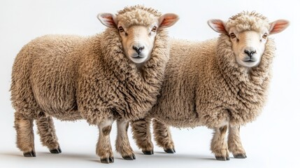 Fototapeta premium Full-Body Image of Male and Female Sheep Standing Side by Side on Clean White Background - Ideal for Agricultural and Animal Imagery