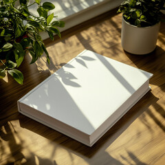 White Blank book cover mockup template for your book cover design, hardcover mock up of top view empty book on wooden desk.