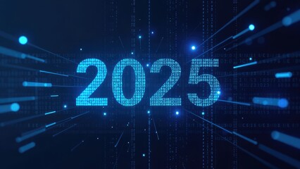 A digital image of a neon sign that reads "2025" against a futuristic technological background. Perfect for illustrating innovation, future trends, and advancements in technology