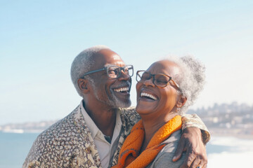 An elderly African American couple smiling in glasses against the backdrop of a seaside landscape.