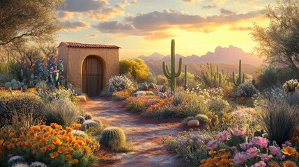 Naklejka premium Charming adobe structure surrounded by vibrant desert flowers at sunset in a serene southwestern landscape