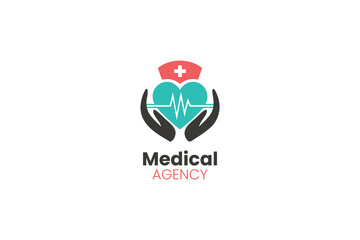 Medical agency logo with heart, hands, and nurse cap.