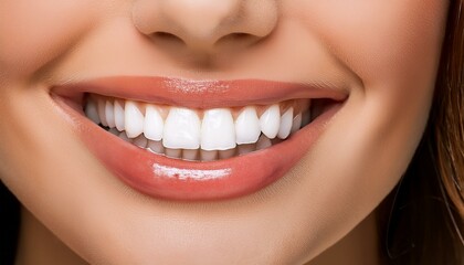 Fototapeta premium Beautiful white teeth, women's shining smile, dental health, closeup