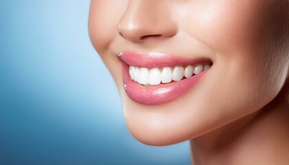 Fototapeta premium Beautiful white teeth, women's shining smile, dental health, closeup
