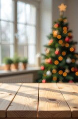 Rustic empty wooden table top with a cozy Christmas room interior in the background, featuring a warm fireplace, holiday decorations, and twinkling lights, perfect for festive product display and seas