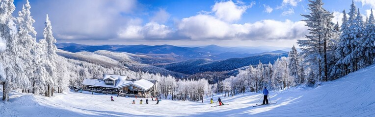 Experience stunning winter landscapes with snow-covered peaks and skiers enjoying the slopes in a picturesque mountain resort