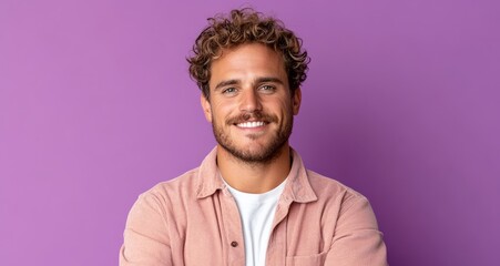 Fototapeta premium Man with curly hair is smiling and wearing a pink shirt. He is posing for a picture in front of a purple background