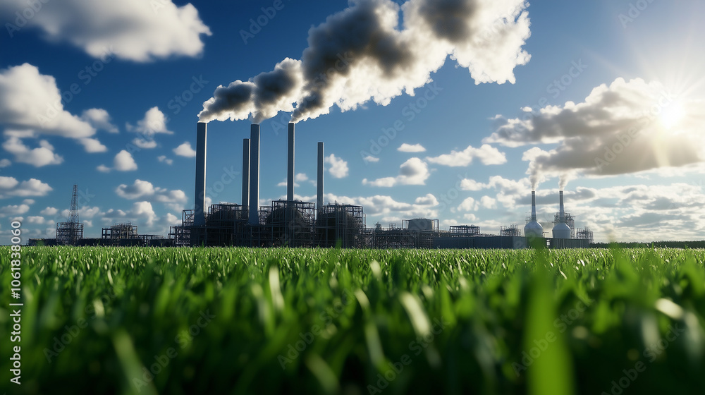 Poster a digital rendering of an industrial complex with visible emissions being captured and converted int