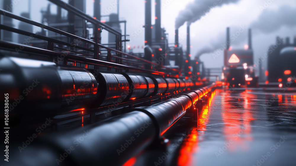 Poster a digital rendering of an industrial complex with visible emissions being captured and converted int