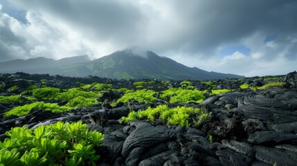 A stunning volcanic landscape featuring lush green vegetation amidst rugged black lava rocks and dramatic cloud-covered mountains.