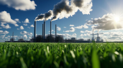 A digital rendering of an industrial complex with visible emissions being captured and converted into reusable energy products, with the excess CO2 transported through massive unde