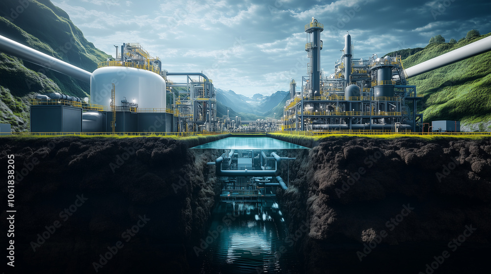 Poster the inside of a carbon capture plant, showing a cross-section of the machinery converting emissions 