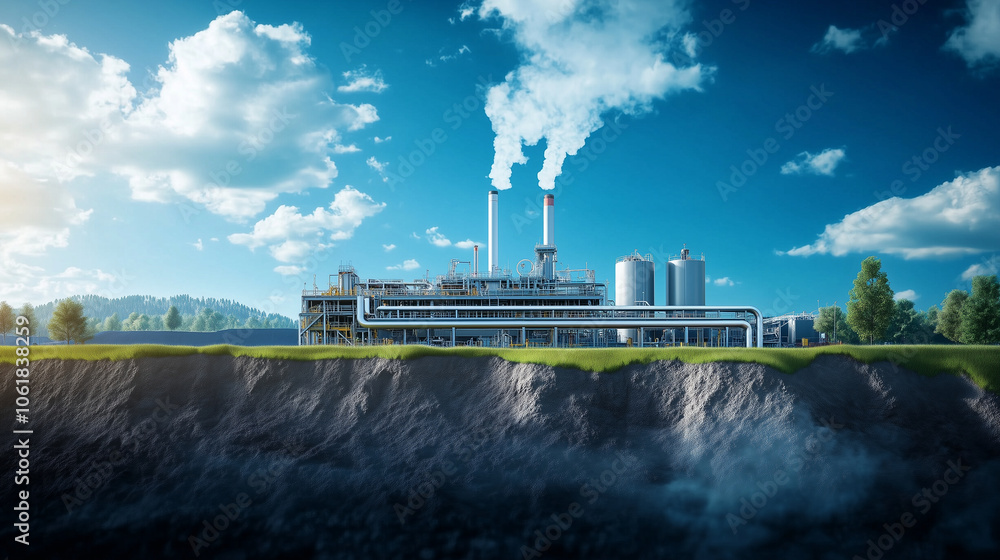 Poster the inside of a carbon capture plant, showing a cross-section of the machinery converting emissions 