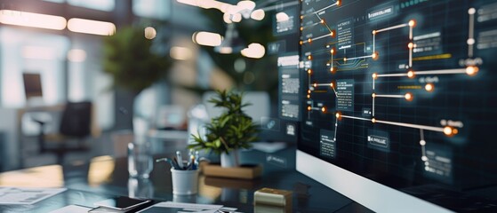 A modern office desk with a glowing computer screen displaying digital nodes and lines, symbolizing innovation and network connectivity.