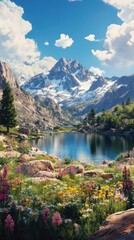 A stunning view of the Ruby Mountains reflecting on a tranquil lake surrounded by vibrant wildflowers during a sunny day