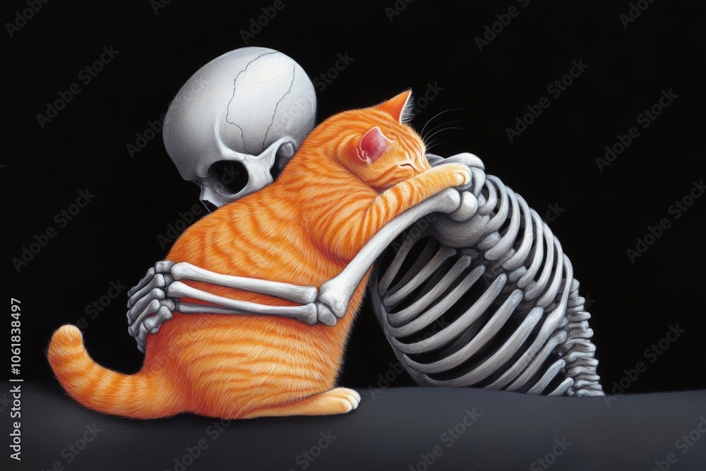 Poster cat is hugging a skeleton. the cat is orange and the skeleton is white