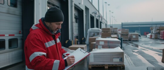 A man in a red jacket checks inventory at a busy distribution center, revealing the rhythm and precision of modern logistics.