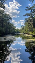 Obraz premium Explore the serene beauty of Okefenokee Swamp with its lush landscapes and calm reflective waters under a brilliant blue sky