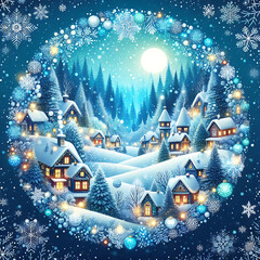 A snowy winter village scene with cozy cottages and twinkling lights makes for a magical Christmas ornament design. Vibrant blues and whites add a frosty, festive touch.