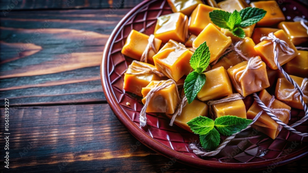 Poster a close-up view of caramel candies tied with twine and garnished with fresh mint leaves on a decorat